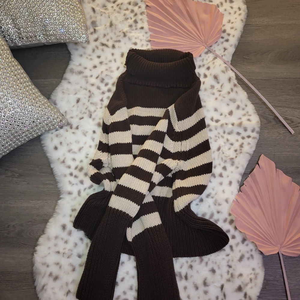 Chic Striped Turtleneck Sweater in Brown and Cream